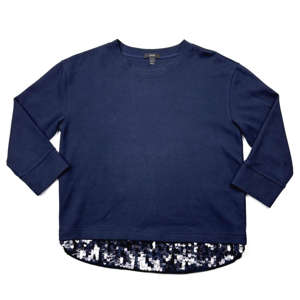 JCrew Sequin Hem Sweatshirt Womens Small Navy Blue Holiday Crewneck Pullover S